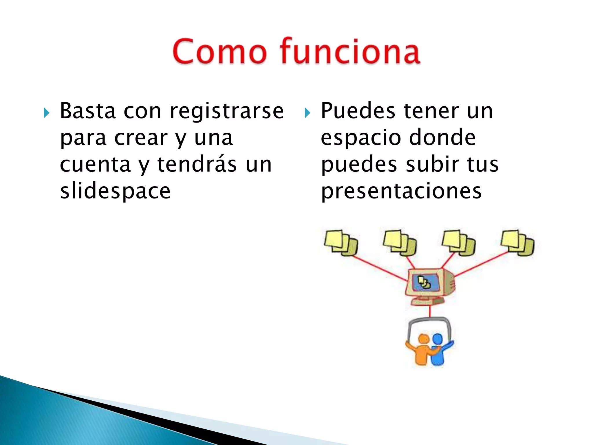  Basta con registrarse
para crear y una
cuenta y tendrás un
slidespace
 Puedes tener un
espacio donde
puedes subir tus
presentaciones
 
