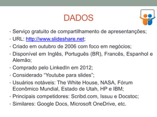 DADOS
• Serviço gratuito de compartilhamento de apresentanções;
• URL: http://www.slideshare.net;
• Criado em outubro de 2006 com foco em negócios;
• Disponível em Inglês, Português (BR), Francês, Espanhol e
Alemão;
• Comprado pelo LinkedIn em 2012;
• Considerado “Youtube para slides”;
• Usuários notáveis: The White House, NASA, Fórum
Econômico Mundial, Estado de Utah, HP e IBM;
• Principais competidores: Scribd.com, Issuu e Docstoc;
• Similares: Google Docs, Microsoft OneDrive, etc.
 