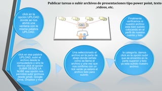 Publicar tareas o subir archivos de presentaciones tipo power point, texto
,videos, etc.
click en la
opción UPLOAD
donde se nos
abrirá una
ventana con la
misma palabra
UPLOAD.
Una seleccionado el
archivo en la parte de
abajo donde señala
como se llama el
archivo y una vez que
nos confirme con un
tick verde ya estará el
archivo listo para
subirlo.
la categoría, damos
click en la opción subir
que se encentra en la
parte superior y listo
ya esta subido nuestro
archivo.
Finalmente
verificamos si
nuestro archivo
esta bien subido
colocando en el
perfil de nuestra
cuenta y listo.
click en esa palabra
UPLOAD, subir el
archivo desde la
computadora o sino te
damos click el opción
SUBIR DESDE LA
NUBE esa opción nos
permitirá subir archivos
desde gmail, Google
Drive, Dropbox y mas
 