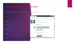 ¿Qué TIPOS DE ARCHIVOS RECIBE?
SLIDESHARE UTILOIZA TODO TIPO DE ARCHIVOS COMO SON :
*PDF
*PPT
*PPS
*PPTX
*PPSX
*POT
 