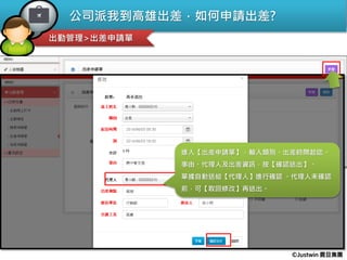 公司派我到高雄出差，如何申請出差?
出勤管理>出差申請單
1.點選【出差申請單】，按【新增】，進入出差申請作業。
2.出差申請完成，但又不出差，可進行出差申請【註銷】作業。
進入【出差申請單】，輸入類別、出差時間起迄、
事由、代理人及出差資訊，按【確認送出】。
單據自動送給【代理人】進行確認 。代理人未確認
前，可【取回修改】再送出。
©Justwin 震旦集團
 