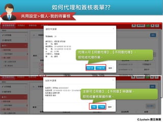 如何代理和簽核表單??
共用設定>個人-我的待審核
進入【我的待審核】
可查到所有需要審核及代理的單據。
代理人可【同意代理】 ,【不同意代理】。
即完成代理作業。
主管可【同意】 ,【不同意】申請單。
即完成審核單據作業。
©Justwin 震旦集團
 