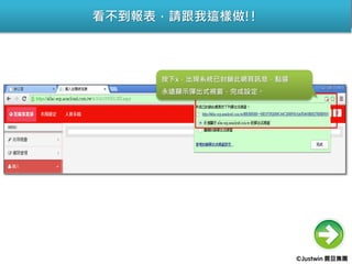 看不到報表，請跟我這樣做!!
按下x，出現系統已封鎖此網頁訊息，點選
永遠顯示彈出式視窗，完成設定。
©Justwin 震旦集團
 