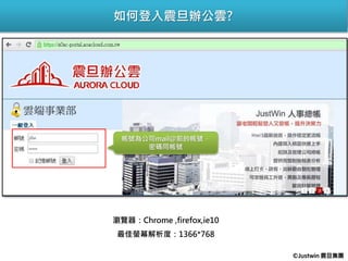 帳號為公司mail@前的帳號，
密碼同帳號
如何登入震旦辦公雲?
瀏覽器：Chrome ,firefox,ie10
最佳螢幕解析度：1366*768
©Justwin 震旦集團
 