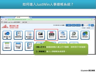 【個人打卡】點選直接進入線上打卡畫面，加快您打卡的速度。
【人事總帳】進入人事總帳系統首頁。
如何進入JustWin人事總帳系統 ?
©Justwin 震旦集團
 