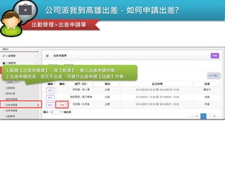 公司派我到高雄出差，如何申請出差?
出勤管理>出差申請單
1.點選【出差申請單】，按【新增】，進入出差申請作業。
2.出差申請完成，但又不出差，可進行出差申請【註銷】作業。
 