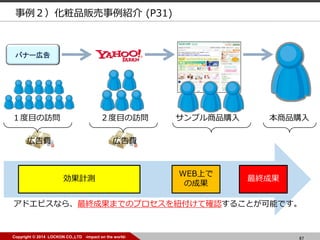 67Copyright ? 2014 LOCKON CO.,LTD -impact on the world- 67Copyright ? 2014 LOCKON CO.,LTD -impact on the world-
Хʩ`ڸ
ץƷُ Ʒُ
Ӌy
WEBϤ
γɹ
Kɹ
ɥӥʤ顢KɹޤǤΥץ~ƴ_J뤳ȤܤǤ
ĿL ĿL
ڸM ڸM
Ʒ؜B (P31)
 