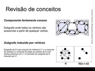 Revisão de conceitos
Componente fortemente conexo
Subgrafo onde todos os vértices são
acessíveis a partir de qualquer vértice.
11
http://en.wikipedia.org/wiki/Strongly_connected_component
Subgrafo induzido por vértices
Subgrafo de G cujo conjunto de vértices é V´ e o conjunto
de arestas é o conjunto de todas as arestas de G com
ambos extremos em V´ é chamado de subgrafo de G
induzido por V'.
 