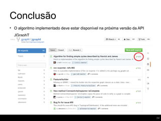 Conclusão
54
• O algoritmo implementado deve estar disponível na próxima versão da API
JGraphT
 