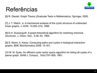 Referências
[6] R. Diestel. Graph Theory (Graduate Texts in Mathematics). Springer, 2005.
[7] J. T. Welch, Jr. A mechanical analysis of the cyclic structure of undirected
linear graphs. J. ACM, 13:205–210, 1966.
[8] E.H. Sussenguth. A graph-theoretical algorithm for matching chemical
structures. J. Chem. Doc., 5:36–43, 1965.
[9] S. Klamt, A. Kamp. Computing paths and cycles in biological interaction
graphs. BMC Bioinformatics 2009, 10:181.
[10 M. M. Syslo. An efficient cycle vector space algorithm for listing all cycles of a
planar graph. SIAM J. Comput., 10(4):797–808, 1981.
58
 