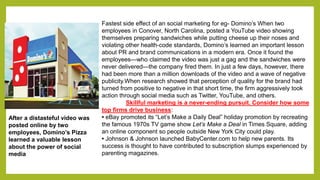 Fastest side effect of an social marketing for eg- Domino’s When two 
employees in Conover, North Carolina, posted a YouTube video showing 
themselves preparing sandwiches while putting cheese up their noses and 
violating other health-code standards, Domino’s learned an important lesson 
about PR and brand communications in a modern era. Once it found the 
employees—who claimed the video was just a gag and the sandwiches were 
never delivered—the company fired them. In just a few days, however, there 
had been more than a million downloads of the video and a wave of negative 
publicity.When research showed that perception of quality for the brand had 
turned from positive to negative in that short time, the firm aggressively took 
action through social media such as Twitter, YouTube, and others. 
Skillful marketing is a never-ending pursuit. Consider how some 
top firms drive business: 
• eBay promoted its “Let’s Make a Daily Deal” holiday promotion by recreating 
the famous 1970s TV game show Let’s Make a Deal in Times Square, adding 
an online component so people outside New York City could play. 
• Johnson & Johnson launched BabyCenter.com to help new parents. Its 
success is thought to have contributed to subscription slumps experienced by 
parenting magazines. 
After a distasteful video was 
posted online by two 
employees, Domino’s Pizza 
learned a valuable lesson 
about the power of social 
media 
 