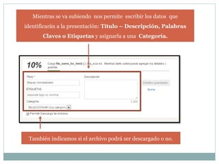 También indicamos si el archivo podrá ser descargado o no. 
Mientras se va subiendo nos permite escribir los datos que identificarán a la presentación: Título – Descripción, Palabras Claves o Etiquetas y asignarla a una Categoría. 
 
