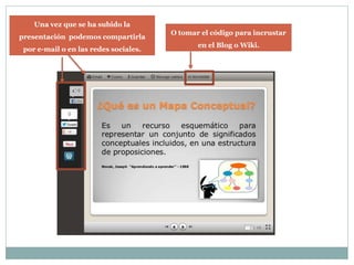 Una vez que se ha subido la presentación podemos compartirla por e-mail o en las redes sociales. 
O tomar el código para incrustar en el Blog o Wiki. 
 