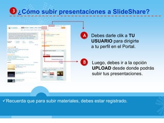 ¿Cómo subir presentaciones a SlideShare? 
A 
B 
Debes darle clik a TU 
USUARIO para dirigirte 
a tu perfil en el Portal. 
Luego, debes ir a la opción 
UPLOAD desde donde podrás 
subir tus presentaciones. 
3 
Recuerda que para subir materiales, debes estar registrado. 
 