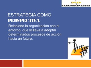 ESTRATEGIA COMO 
PERSPECTIVA 
Relaciona la organización con el 
entorno, que lo lleva a adoptar 
determinados procesos de acción 
hacia un futuro. 
 