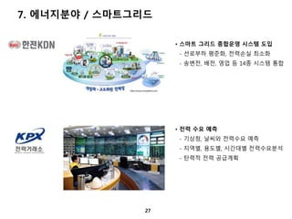 7. 에너지분야 / 스마트그리드 
27 
• 스마트 그리드 종합운영 시스템 도입 
- 선로부하 평준화, 전력손실 최소화 
- 송변전, 배전, 영업 등 14종 시스템 통합 
• 전력 수요 예측 
- 기상청, 날씨와 전력수요 예측 
- 지역별, 용도별, 시간대별 전력수요분석 
- 탄력적 전력 공급계획 
 