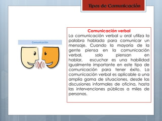 Comunicación verbal 
La comunicación verbal u oral utiliza la 
palabra hablada para comunicar un 
mensaje. Cuando la mayoría de la 
gente piensa en la comunicación 
verbal, solo piensan en 
hablar, escuchar es una habilidad 
igualmente importante en este tipo de 
comunicación para tener éxito. La 
comunicación verbal es aplicable a una 
amplia gama de situaciones, desde las 
discusiones informales de oficina, hasta 
las intervenciones públicas a miles de 
personas. 
 