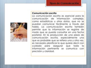 Comunicación escrita 
La comunicación escrita es esencial para la 
comunicación de información compleja, 
como estadísticas u otros datos, que no se 
puedan comunicar fácilmente a través del 
habla. La comunicación escrita también 
permite que la información se registre de 
modo que se pueda consultar en una fecha 
posterior. En la producción de una pieza de 
comunicación escrita, especialmente una 
que es probable que se refiera una y otra vez, 
es necesario planificar lo que quiere decir con 
cuidado para asegurar que toda la 
información pertinente se comunica con 
precisión y claridad. 
 