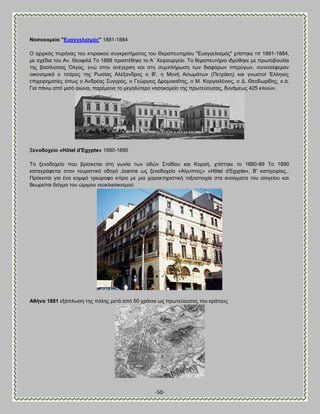 -50- 
Ννζνθνκείν "Βπαγγειηζκόο" 1881-1884 Ο ανπζηυξ πονήκαξ ημο ηηζνζαημφ ζοβηνμηήιαημξ ημο Θεναπεοηδνίμο "Βοαββεθζζιυξ" πηίζηδηε ηπ 1881-1884, ιε ζπέδζα ημο Ώκ. Θεμθζθά Σμ 1888 πνμζηέεδηε ημ Ώ΄ Υεζνμονβείμ. Σμ εεναπεοηήνζμ ζδνφεδηε ιε πνςημαμοθία ηδξ ααζίθζζζαξ ΋θβαξ, εκχ ζηδκ ακέβενζδ ηαζ ζηδ ζοιπθήνςζδ ηςκ δζαθυνςκ πηενφβςκ, ζοκεζζέθενακ μζημκμιζηά μ ηζάνμξ ηδξ Ρςζίαξ Ώθέλακδνμξ μ ΐ', δ Μμκή Ώζςιάηςκ (Πεηνάηδ) ηαζ βκςζημί Έθθδκεξ επζπεζνδιαηίεξ υπςξ μ Ώκδνέαξ ΢οββνυξ, μ Γεχνβζμξ ΑνμιμηαΎηδξ, μ Μ. Κμνβζαθέκζμξ, μ Α. Θεμδςνίδδξ, η.ά. Γζα πάκς απυ ιζζυ αζχκα, πανέιεζκε ημ ιεβαθφηενμ κμζμημιείμ ηδξ πνςηεφμοζαξ, δοκάιεςξ 425 ηθζκχκ. 
Ξελνδνρείν «Hôtel d'Egypte» 1880-1890 Σμ λεκμδμπείμ πμο ανίζηεηαζ ζηδ βςκία ηςκ μδχκ ΢ηαδίμο ηαζ Κμναή, πηίζηδηε ημ 1880-89 Σμ 1890 ηαηαβνάθεηαζ ζημκ ημονζζηζηυ μδδβυ Joanne ςξ λεκμδμπείμ «Ώίβοπημξ» «Hôtel d'Egypte», ΐ' ηαηδβμνίαξ.. Πνυηεζηαζ βζα έκα ημιρυ ηνζχνμθμ ηηίνζμ ιε ιζα παναηηδνζζηζηή ημλμζημζπία ζηα ακμίβιαηα ημο ζζμβείμο ηαζ εεςνείηαζ δείβια ημο χνζιμο κεμηθαζζηζζιμφ 
Ώζήλα 1881 ελάπθςζδ ηδξ πυθδξ ιεηά απυ 50 πνυκζα ςξ πνςηεφμοζαξ ημο ηνάημοξ 
 