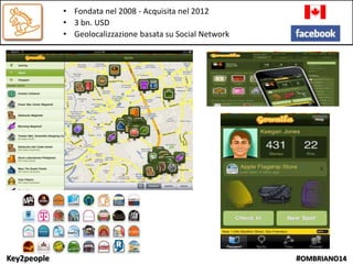 Key2people #OMBRIANO14
• Fondata nel 2008 - Acquisita nel 2012
• 3 bn. USD
• Geolocalizzazione basata su Social Network
 