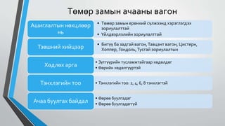 Төмөр замын ачааны вагон
• Төмөр замын ерөнхий сүлжээнд хэрэглэгдэх
зориулалттай
• Үйлдвэрлэлийн зориулалттай
Ашиглалтын нөхцлөөр
нь
• Битүү ба задгай вагон,Тавцант вагон, Цистерн,
Хоппер, Гондоль,Тусгай зориулалтынТэвшний хийцээр
• Зүтгүүрийн тусламжтайгаар хөдөлдөг
• Өөрийн хөдөлгүүртэй
Хөдлөх арга
• Тэнхлэгийн тоо: 2, 4, 6, 8 тэнхлэгтэйТэнхлэгийн тоо
• Өөрөө буулгадаг
• Өөрөө буулгадаггүй
Ачаа буулгах байдал
 