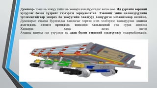 Думпкар- тэвш нь хажуу тийш нь хөмөрч ачаа буулгадаг вагон юм. Ил уурхайн хөрсний
чулуулаг болон хүдрийг тээвэрлэх зориулалттай. Тэвшийг хийн цилиндрүүдийн
тусламжтайгаар хөмрөх ба хажуугийн хаалтууд хөшүүргэн механизмаар онгойно.
Думпкарыг ачаагаа буулгахдаа хашлагыг хэрхэн нээх хэлбэрээс хамааруулан доошоо
дэлгэгддэг, дээшээ өргөгддөг, хосолсон хашлагатай гэж гурав ангилна
Ханаараа хагас асгах вагон
Ачааны вагоны гол үзүүлэлт нь даац болон тэвшний эзэлхүүнээр тодорхойлогддог.
 