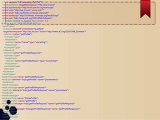 <?xml version="1.0" encoding="UTF-8"?>
<wsdl:definitions targetNamespace="http://ws.ht.com"
xmlns:apachesoap="http://xml.apache.org/xml-soap"
xmlns:impl="http://ws.ht.com" xmlns:intf=""
xmlns:wsdl="http://schemas.xmlsoap.org/wsdl/"
xmlns:wsdlsoap="http://schemas.xmlsoap.org/wsdl/soap/"
xmlns:xsd="http://www.w3.org/2001/XMLSchema">
<!--WSDL created by Apache Axis version: 1.4
Built on Apr 22, 2006 (06:55:48 PDT)-->
<wsdl:types>
<schema elementFormDefault="qualified"
targetNamespace="http://ws.ht.com" xmlns="http://www.w3.org/2001/XMLSchema">
<element name="getProfile">
<complexType>
<sequence>
<element name="name" type="xsd:string"/>
</sequence>
</complexType>
</element>
<element name="getProfileResponse">
<complexType>
<sequence>
<element name="getProfileReturn" type="xsd:string"/>
</sequence>
</complexType>
</element>
</schema>
</wsdl:types>
<wsdl:message name="getProfileRequest">
<wsdl:part element="impl:getProfile" name="parameters">
</wsdl:part>
</wsdl:message>
<wsdl:message name="getProfileResponse">
<wsdl:part element="impl:getProfileResponse" name="parameters">
</wsdl:part>
</wsdl:message>
<wsdl:portType name="ShowProfile">
<wsdl:operation name="getProfile">
<wsdl:input message="impl:getProfileRequest" name="getProfileRequest">
</wsdl:input>
<wsdl:output message="impl:getProfileResponse" name="getProfileResponse">
</wsdl:output>
</wsdl:operation>
</wsdl:portType>
 