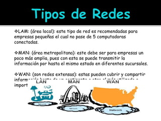 LAM: (área local): este tipo de red es recomendadas para
empresas pequeñas el cual no pase de 5 computadoras
conectadas.
MAN: (área metropolitana): este debe ser para empresas un
poco más amplia, pues con esta se puede transmitir la
información por hasta el mismo estado en diferentes sucursales.
WAN: (son redes extensas): estas pueden cubrir y compartir
información hasta de un continente a otro el más utilizado e
importante, se llama internet.
 