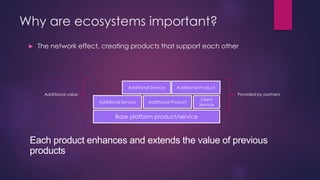 Why are ecosystems important?
 The network effect, creating products that support each other
Base platform product/service
Additional Service Additional Product
Client
Service
Additional ProductAdditional Service
Additional value Provided by partners
Each product enhances and extends the value of previous
products
 