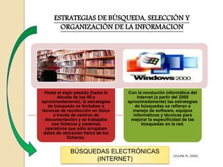 ESTRATEGIAS DE BÚSQUEDA, SELECCIÓN Y
ORGANIZACIÓN DE LA INFORMACION
(ZULMA M, 2009)
Hasta el siglo pasado (hasta la
década de los 90,s
aproximadamente), la estrategias
de búsqueda se limitaban a
técnicas de recolección en físico
a través de centros de
documentación y se trabajaba
con ficheros y sistemas
operativos que sólo arrojaban
datos de ubicación física de los
ficheros.
Con la revolución informática del
Internet (a partir del 2000
aproximadamente) las estrategias
de búsquedas se refieren a
manejo de software, equipos
informáticos y técnicas para
mejorar la especificidad de las
búsquedas en la red.
 