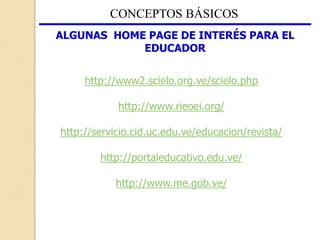 CONCEPTOS BÁSICOS
ALGUNAS HOME PAGE DE INTERÉS PARA EL
EDUCADOR
http://www2.scielo.org.ve/scielo.php
http://www.rieoei.org/
http://servicio.cid.uc.edu.ve/educacion/revista/
http://portaleducativo.edu.ve/
http://www.me.gob.ve/
 