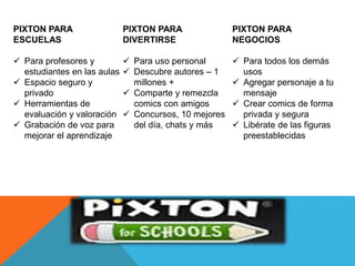 PIXTON PARA
ESCUELAS
 Para profesores y
estudiantes en las aulas
 Espacio seguro y
privado
 Herramientas de
evaluación y valoración
 Grabación de voz para
mejorar el aprendizaje
PIXTON PARA
DIVERTIRSE
 Para uso personal
 Descubre autores – 1
millones +
 Comparte y remezcla
comics con amigos
 Concursos, 10 mejores
del día, chats y más
PIXTON PARA
NEGOCIOS
 Para todos los demás
usos
 Agregar personaje a tu
mensaje
 Crear comics de forma
privada y segura
 Libérate de las figuras
preestablecidas
 
