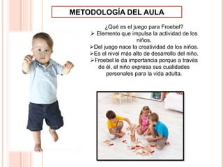 ¿Qué es el juego para Froebel?
 Elemento que impulsa la actividad de los
niños.
Del juego nace la creatividad de los niños.
Es el nivel más alto de desarrollo del niño.
Froebel le da importancia porque a través
de él, el niño expresa sus cualidades
personales para la vida adulta.
METODOLOGÍA DEL AULA
 