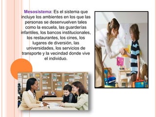 Mesosistema: Es el sistema que
incluye los ambientes en los que las
personas se desenvuelven tales
como la escuela, las guarderías
infantiles, los bancos institucionales,
los restaurantes, los cines, los
lugares de diversión, las
universidades, los servicios de
transporte y la vecindad donde vive
el individuo.
 