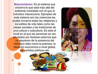 Macrosistema: Es el sistema que
encierra lo que está más allá del
ambiente inmediato con el que el
individuo interacciona. Ejemplos de
este sistema son las creencias las
cuales encierra todas las religiones y
los estilos de vida tales como las
clases sociales y las tradiciones de
una cultura o subcultura. Es este el
nivel en el que las personas se ven
afectadas por factores externos que
no requieren de la presencia del
individuo tales como la pobreza, la
situación económica a nivel global,
los partidos políticos etc.
 