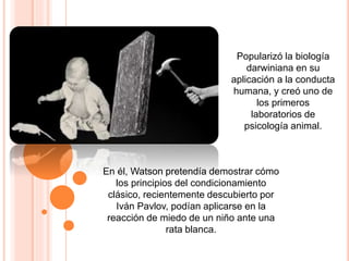 Popularizó la biología
darwiniana en su
aplicación a la conducta
humana, y creó uno de
los primeros
laboratorios de
psicología animal.
En él, Watson pretendía demostrar cómo
los principios del condicionamiento
clásico, recientemente descubierto por
Iván Pavlov, podían aplicarse en la
reacción de miedo de un niño ante una
rata blanca.
 