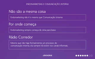 ENDOMARKETING E COMUNICAÇÃO INTERNA
Não são a mesma coisa
Endomarketing não é o mesmo que Comunicação Interna
Por onde começa
Endomarketing sempre começa de cima para baixo
Rádio Corredor
Mesmo que não haja formalmente um processo de
comunicação interna, ela sempre irá existir nos canais informais.
 