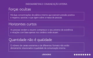 ENDOMARKETING E COMUNICAÇÃO INTERNA
Forças ocultas
Há duas concentrações de público interno que exercem pressão positiva
e negativa, opostas, e que agem sobre a massa de pessoas.
Horizontes curtos
As pessoas tendem a resumir a empresa e o seu universo de existência
e relações com base apenas nos cenários onde atuam.
Quantidade não é qualidade
O número de canais existentes e de diferentes formato não estão
diretamente relacionados à qualidade da comunicação interna.
 