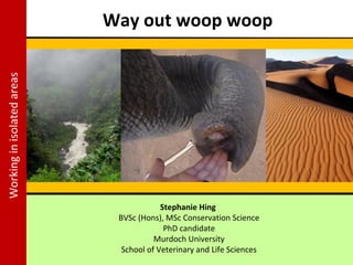 Way out woop woop
Stephanie Hing
BVSc (Hons), MSc Conservation Science
PhD candidate
Murdoch University
School of Veterinary and Life Sciences
Workinginisolatedareas
 