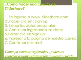 ¿Cómo hacer una cuenta de
Slideshare?
1. Se ingresa a www. slideshare.com
2 .Hacer clic en : sign up
3. Llenar los datos personales
4. Continuar ingresando los datos
5.Hacer clic en Sign up
6. Ingresar a la página de nuestro correo
7. Confirmar el e-mail
Como ya estamos registrados , podemos
empezar a subir información a nuestra cuenta.
 