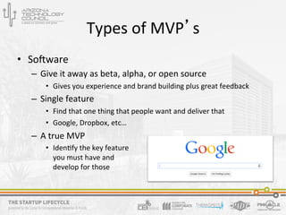 Types	
  of	
  MVP’s	
  
•  Hardware	
  
– Only	
  opGon	
  is	
  to	
  limit	
  your	
  ﬁrst	
  release	
  to	
  the	
  
...