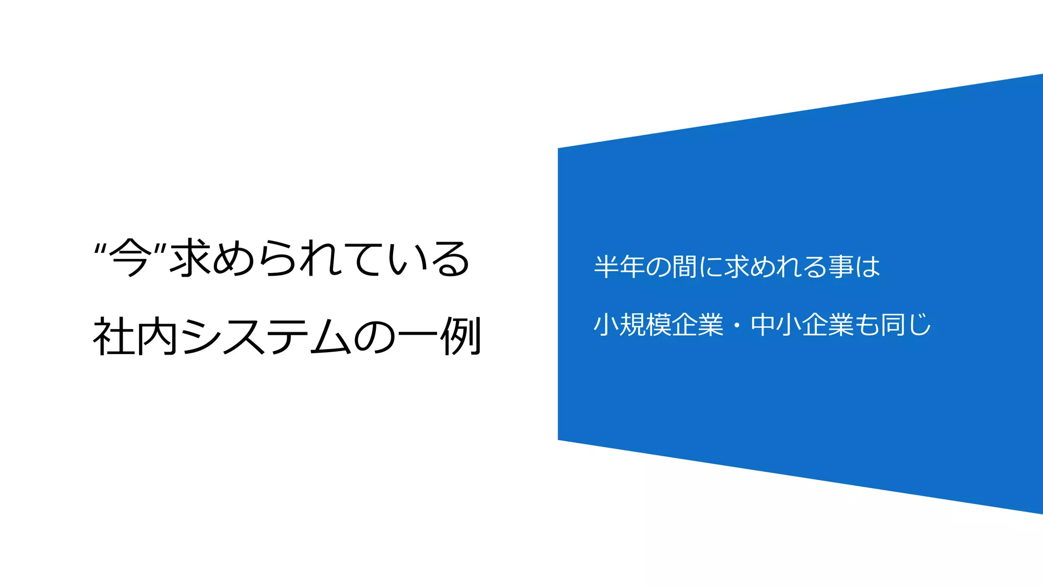 “今”求められている
社内システムの一例
半年の間に求めれる事は
小規模企業・中小企業も同じ
 