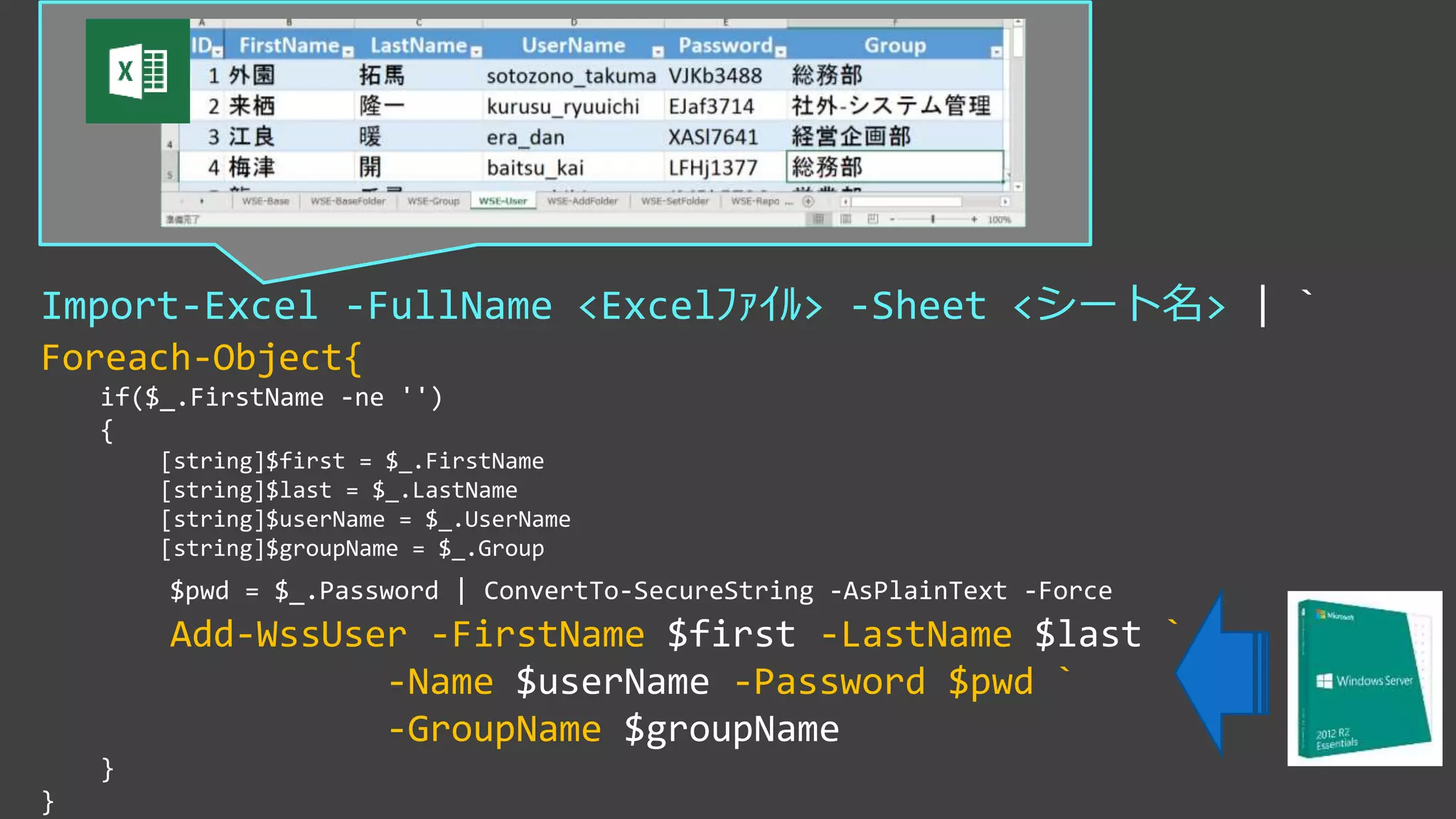 Import-Excel -FullName <Excelﾌｧｲﾙ> -Sheet <シート名> | `
Foreach-Object{
if($_.FirstName -ne '')
{
[string]$first = $_.FirstName
[string]$last = $_.LastName
[string]$userName = $_.UserName
[string]$groupName = $_.Group
$pwd = $_.Password | ConvertTo-SecureString -AsPlainText -Force
Add-WssUser -FirstName $first -LastName $last `
-Name $userName -Password $pwd `
-GroupName $groupName
}
}
 
