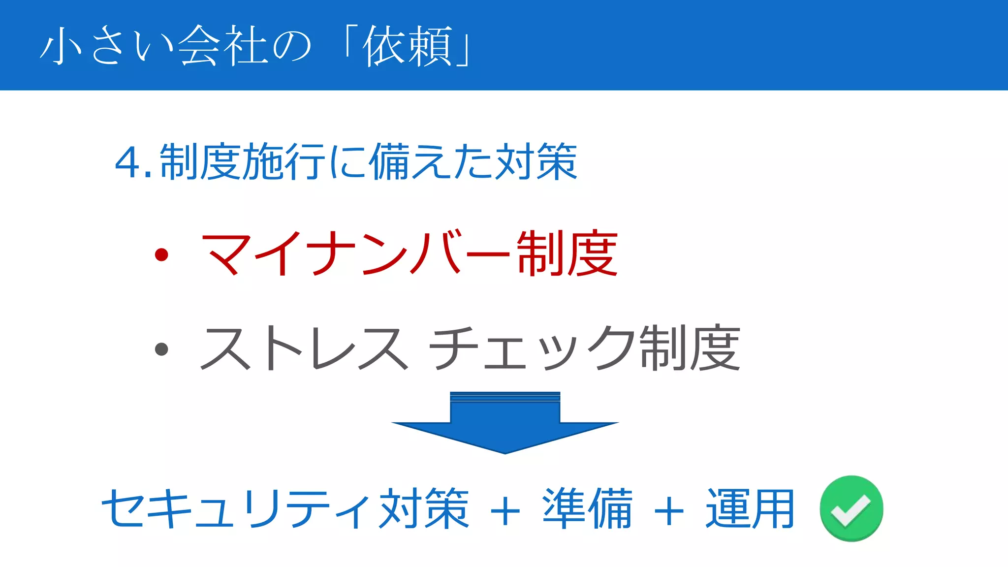 4.制度施行に備えた対策
• マイナンバー制度
• ストレス チェック制度
小さい会社の「依頼」
セキュリティ対策 ＋ 準備 ＋ 運用
 