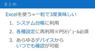 Excelを使う=一粒で3度美味しい
1. システム台帳に利用
2. 各種設定に再利用※PSﾓｼﾞｭｰﾙ必須
3. あらゆるデバイスから
いつでも確認が可能
まとめ
 
