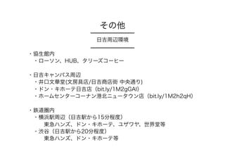 その他
日吉周辺環境
・協生館内
 ・ローソン、HUB、タリーズコーヒー
・日吉キャンパス周辺
 ・井口文華堂(文房具店/日吉商店街 中央通り)
 ・ドン・キホーテ日吉店（bit.ly/1M2gGAl）
 ・ホームセンターコーナン港北ニュータウン店（bit.ly/1M2h2qH）
・鉄道圏内
 ・横浜駅周辺（日吉駅から15分程度）
   東急ハンズ、ドン・キホーテ、ユザワヤ、世界堂等
 ・渋谷（日吉駅から20分程度）
   東急ハンズ、ドン・キホーテ等
 