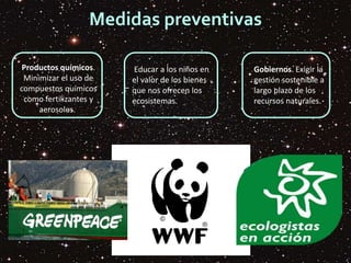 Medidas preventivas
Productos químicos.
Minimizar el uso de
compuestos químicos
como fertilizantes y
aerosoles..
Educar a los niños en
el valor de los bienes
que nos ofrecen los
ecosistemas..
Gobiernos. Exigir la
gestión sostenible a
largo plazo de los
recursos naturales.
 