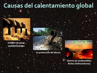 Causas del calentamiento global
Emisión de gases
contaminantes
Quema de combustibles
fósiles (hidrocarburos)
La producción de basura
 