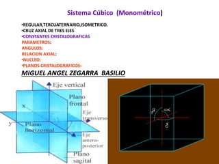 Sistema Cúbico (Monométrico)
•REGULAR,TERCUATERNARIO,ISOMETRICO.
•CRUZ AXIAL DE TRES EJES
•CONSTANTES CRISTALOGRAFICAS
PARAMETROS:
ANGULOS:
RELACION AXIAL:
•NUCLEO:
•PLANOS CRISTALOGRAFICOS:
MIGUEL ANGEL ZEGARRA BASILIO
a2
 
