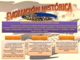 ETAPAS INICIALES de la historia romana
carecieron los romanos de la palabra adecuada para expresar la idea abstracta del derecho de
propiedad. Durante la época de Cicerón se utilizo el vocablo "mancipium" a fin de designar la propiedad
romana y, posteriormente, los términos: "dominium", "dominium legitimum" y "propietas", fueron
usados en igual sentido.
EN
ROMA
ÉPOCA
ARCAICA
desde las
XII TABLAS
La única propiedad conocida era
la propiedad quiritaria que se le
denominaba, "dominium ex iure
quiritium", requiriéndose para ser
propietario:
•Que se tratara de una cosa Mancipi.
•Que el propietario fura ciudadano
romano.
•Que el dominio se hubiera adquirido
por "mancipatio" o por "in jure cessio”.
Características diversas que han llevado
a diferentes concepciones.
Primero fue un concepto de señorío, en
interés del grupo familiar, indiferenciado,
nucleado en cabeza del Páter
Familiares al que estaban sujetos
personas (alieni iuris: libres o esclavos)
y cosas.
Que se comenzó a distinguir el poder del
Páter sobre las personas libres, mujer in
manu e hijos de familia por una parte y
otra propiedad autónoma sobre esclavos
y cosas. Fue esta última la que se
consideró Propiedad en tiempos
históricos.
 